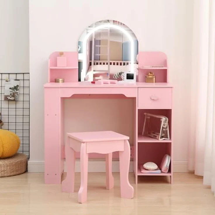 GarveeLife Schminktisch für Kinder mit Hocker und LED-Spiegel, Kleiner Schminktisch mit Schublade und 1 offenen Fächern, für Mädchen von 3 – 6 Jahren, Rosa, inklusive Zubehör – Bild 3
