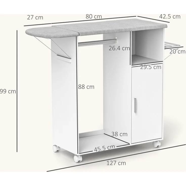 Mobiler Bügelständer mit Ablagefläche, 3 Würfelregalen und Führung, 127 x 42,5 x 99 cm, Weiß – Bild 5