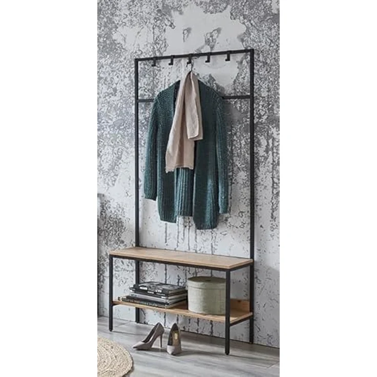 XXXL Garderobe, Schwarz und Eiche, Industrial-Design mit 5 Haken und Kleiderstange, 80x180x35 cm – Bild 7