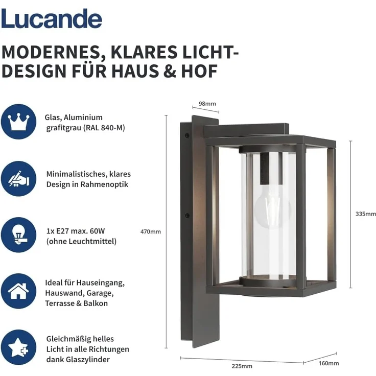 Lucande Außen-Wandleuchte Ferda, Metall, Schwarz IP44, 1 x 15 W LED – Bild 2