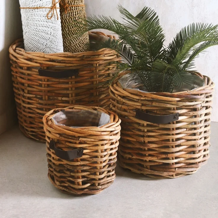 Dickes CL Rattan Pflanzkorb CESTINO natural ca.D35cm Ledergriffe Korb Handarbeit – Bild 2