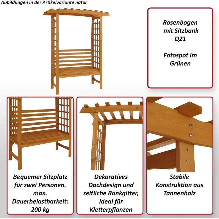 Rosenbogen mit Sitzbank HWC-Q21, Gartenbogen Rankhilfe Bank Gartenbank Holz FSC®-zertifiziert 201x160x60 ~ dunkelbraun – Bild 2