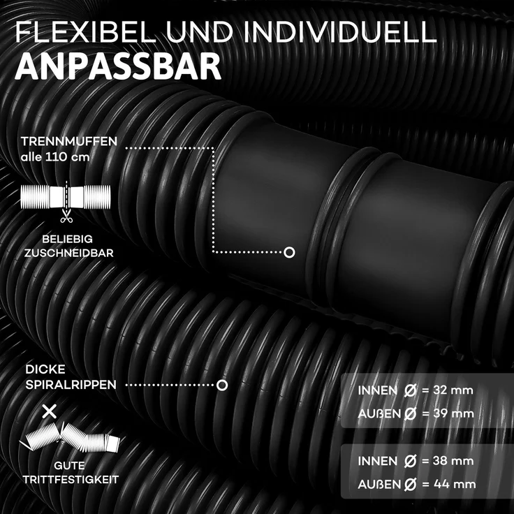 tillvex Poolschlauch Made in Germany | Schwimmbadschlauch mit Muffen | Solarschlauch für Pool und Schwimmbecken | Saugschlauch | Pumpenschlauch | flexibler Wasserschlauch (Schwarz, 30m / 38mm) – Bild 3
