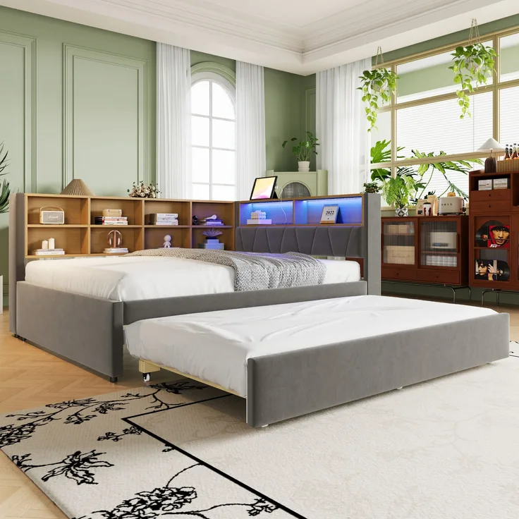 Schlafsofa, Ausziehbett 90*190, ausgestattet mit LED Leuchten, Steckdosen und vielen Ablagefächern, Polsterbett, Multifunktionsschlafsofa, Einzelbett, Flanell, Dunkelgrau, 140 x 200