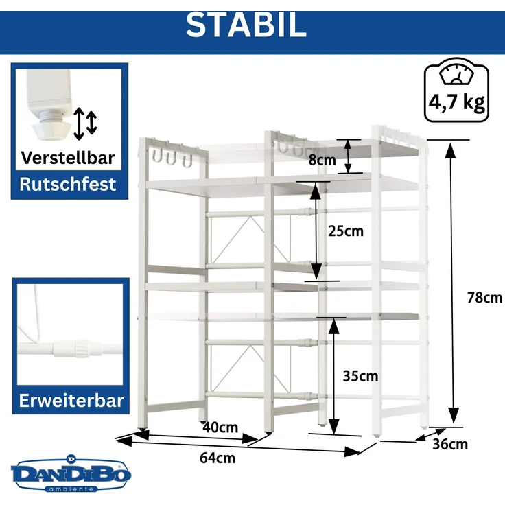 DanDiBo Verstellbares Küchenregal Weiß für Arbeitsplatte Stehend 3 Stufig 40-64 cm Regal Küche 96684 Standregal – Bild 2