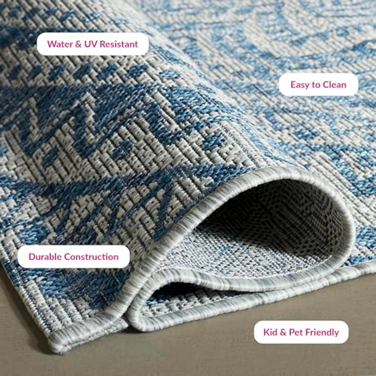 SAFAVIEH Zeitgenössische Teppich für Innen - & Außenbereich - Courtyard Collection, Kurzer Flor, Hellgrau und Blau, 244 X 335 cm – Bild 7