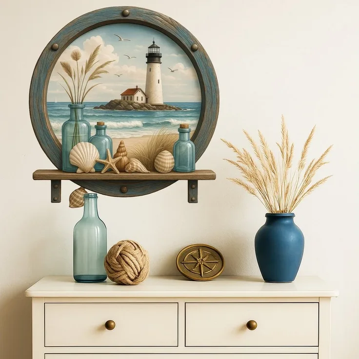 Sunnywall Wandtattoo Aufkleber Maritim Bullauge blau türkis mit Leuchtturm & Muscheldeko, selbstklebend, konturgeschnitten, rückstandslos entfernbar