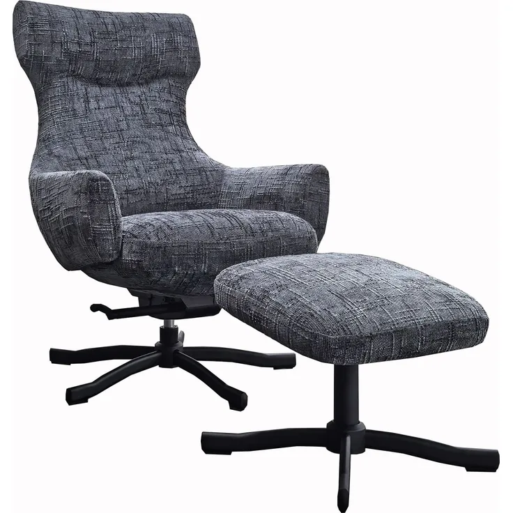LC Home Sessel »Monroe« Webstoff grau – drehbarer Polstersessel & Relaxsessel mit Hocker Metallgestell schwarz