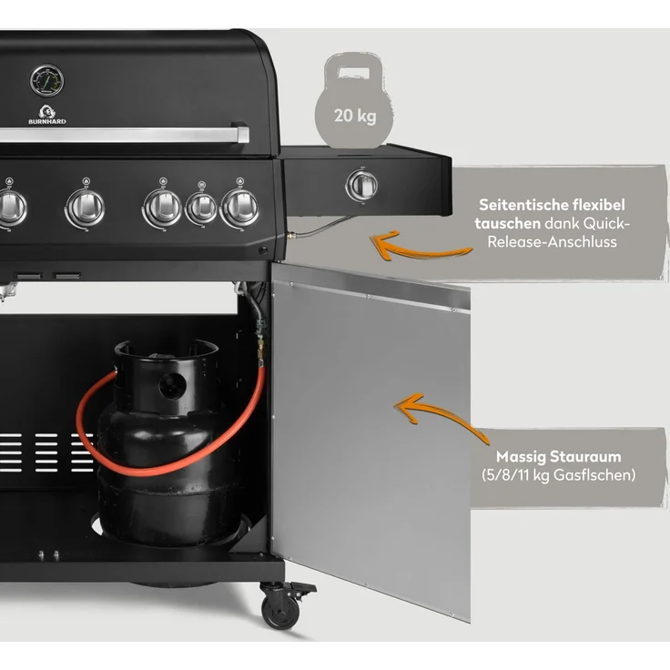 BURNHARD® Gasgrill 6-Brenner, 6x Longlife Premium-Gussbrenner, 900°C Infrarot-Keramikbrenner, Seitenkochfeld, Heckbrenner, Piezo-Zündung, Edelstahlrost, Fat FRED Deluxe+, Schwarz – Bild 5