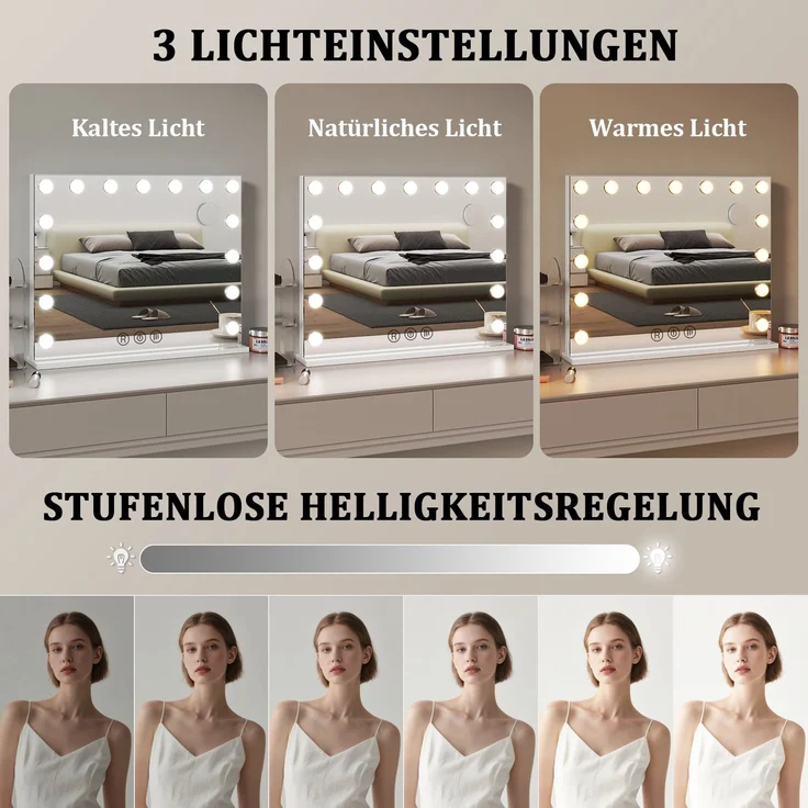 Botifly Schminkspiegel mit 10-fach Vergrößerungsspiegel, Glas + Metall, Weiß, 58 x 46 cm – Bild 5