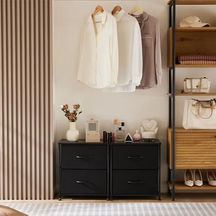 DUMOS Kommode für Schlafzimmer mit 2 Stoffschubladen, hohe Kommode Organizer für Kleidung, Schrank Kinderzimmer, Aufbewahrungsturm mit Schrank, Metallrahmen, Holzplatte, leichte Kinderzimmermöbel – Bild 6