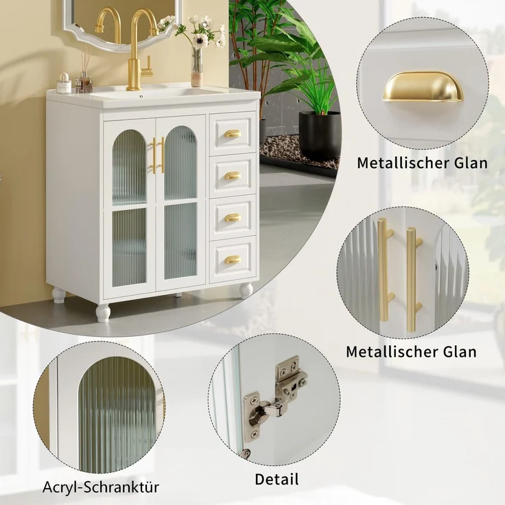 Badmöbel Einzel Waschtisch mit Unterschrank 80cm mit Keramik-Waschbecken,weiß – Bild 5