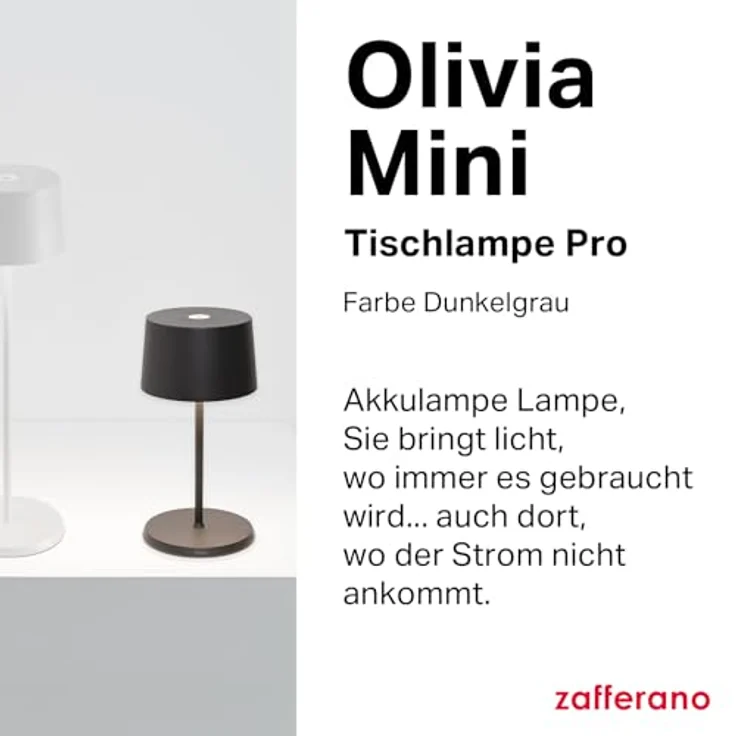 Zafferano, Olivia Mini Lampe, Tragbare und Wiederaufladbare Tischlampe mit Touch Control, Geeignet für Wohnzimmer und Außenbereich, Dimmer, 2200-3000 K, Höhe 22 cm, Farbe Dunkelgrau – Bild 3