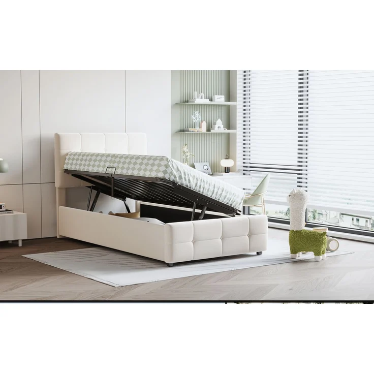 Polsterbett 90x200 cm mit hydraulischem Stauraum und höhenverstellbarem Kopfteil aus Samt, grau – Bild 1
