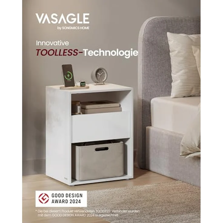 Vasagle Toolless-Technologie, superschnelle werkzeuglose Montage, Nachttisch, Beistelltisch mit Ladefunktion, Nachtschrank mit Schublade, modern, Schlafzimmer, Wohnzimmer, mattweiß LETDE777W04 – Bild 4