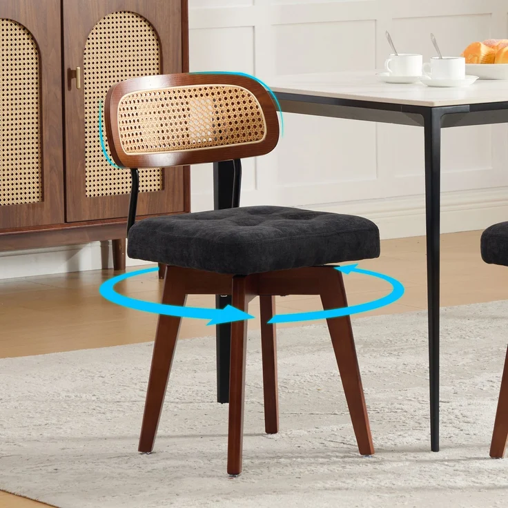 LVHOM 2er-Set Esszimmerstühle 360° Drehstuhl, Polsterstuhl in Rattan-Optik mit Chenille Kissen, stabiler Küchenstuhl mit Metallbeinen, Schwarz – Bild 1