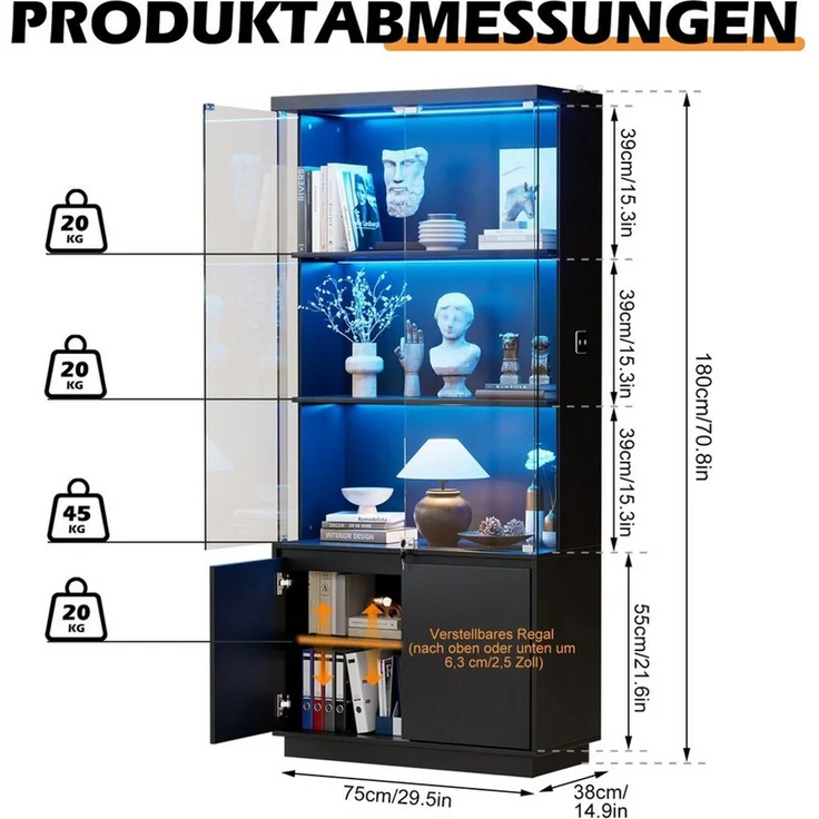 PEALOV Glasvitrine mit LED-Beleuchtung und Bewegungssensor (1-St) Vitrinenschrank mit Stauraum, 75 x 180 x 38 cm, Schwarz – Bild 2