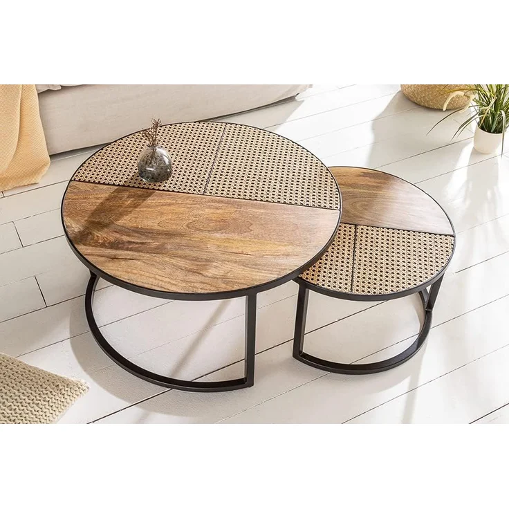 riess-ambiente Couchtisch VIENNA LOUNGE Ø70cm natur / schwarz (Set, 2-St), Wohnzimmer · Massivholz · Metall · rund · Rattan · Wiener Geflecht – Bild 2
