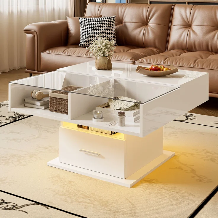 Lift-Couchtisch Weiß Hochglanz 78x78 cm höhenverstellbarer Tisch mit LED-Beleuchtung, Schublade und Ablagefach – Bild 2