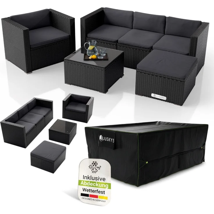 Juskys Polyrattan Lounge Punta Cana L schwarz inkl. Abdeckung – Gartenlounge Set für 4-5 Personen – Sitzgruppe mit Sessel, Sofa, Tisch & Hocker - Sitzbezüge Creme – Bild 1