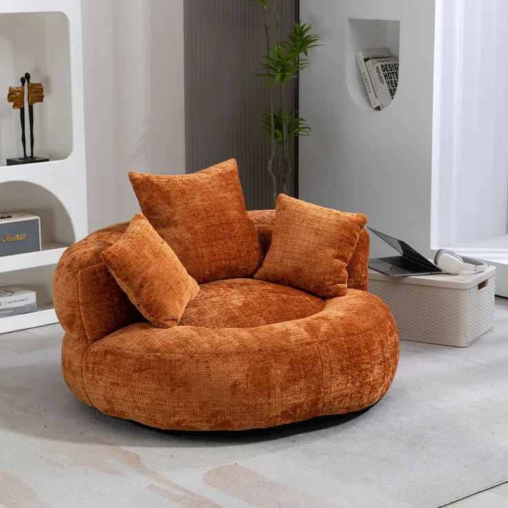 Sitzsack-Sessel aus Chenille mit hoher Rückenlehne & Armlehnen, 108 x 108 x 52 cm, Orange