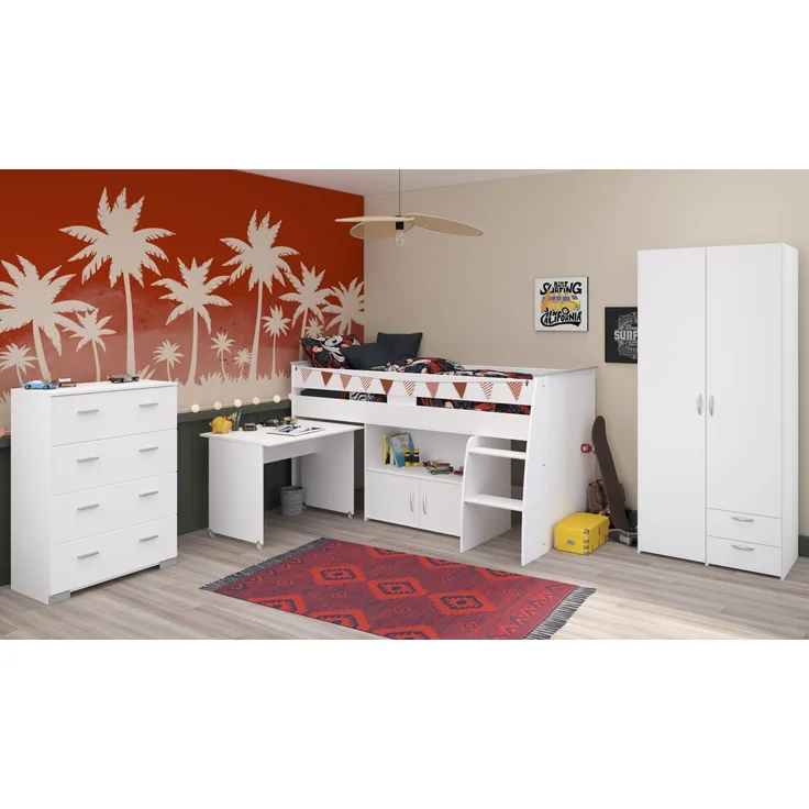 Jugendzimmer Reverse Kinderzimmer Komplett Set in Weiß mit Hochbett – Verschiedene Set Varianten - 4 teilig , Hochbett + Lattenrost + Kleiderschrank + Kommode , 90 x 200 cm
