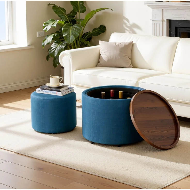 DESVIAE Hocker-Set 2-tlg. mit Stauraum und Holzablage, Ø 58 cm, Leinen Blau, 58 x 58 x 38 cm – Bild 1