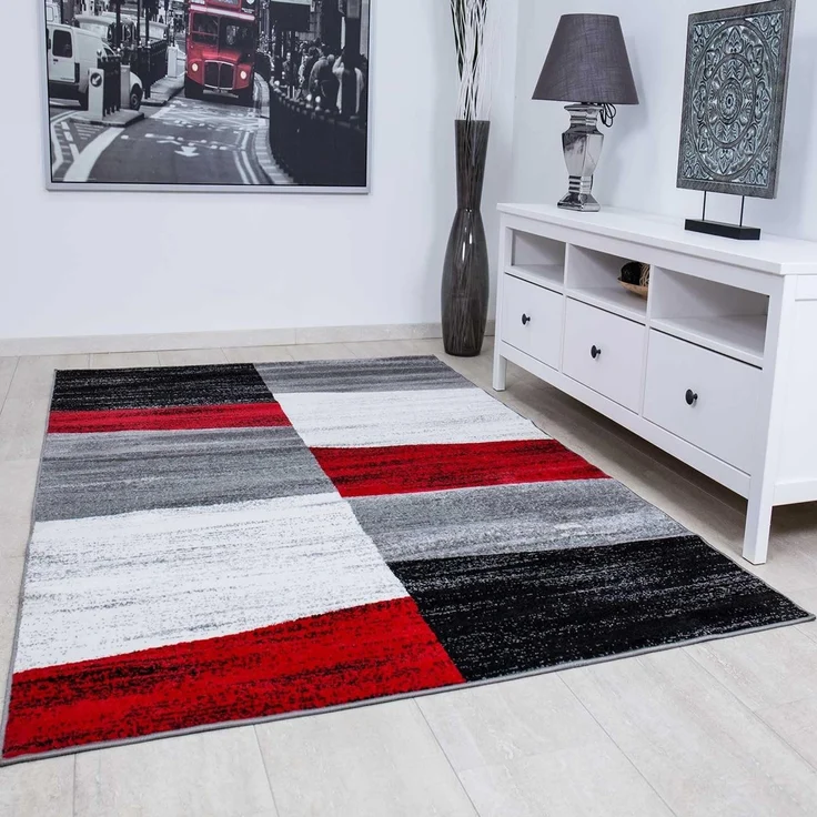 Vimoda Teppich Geometrisches Muster Meliert, Kariert, Rechteckig, Läufer, Teppich Wohnzimmer, Schlafzimmer, Kachel Optik, Rot Lila Beige – Bild 1