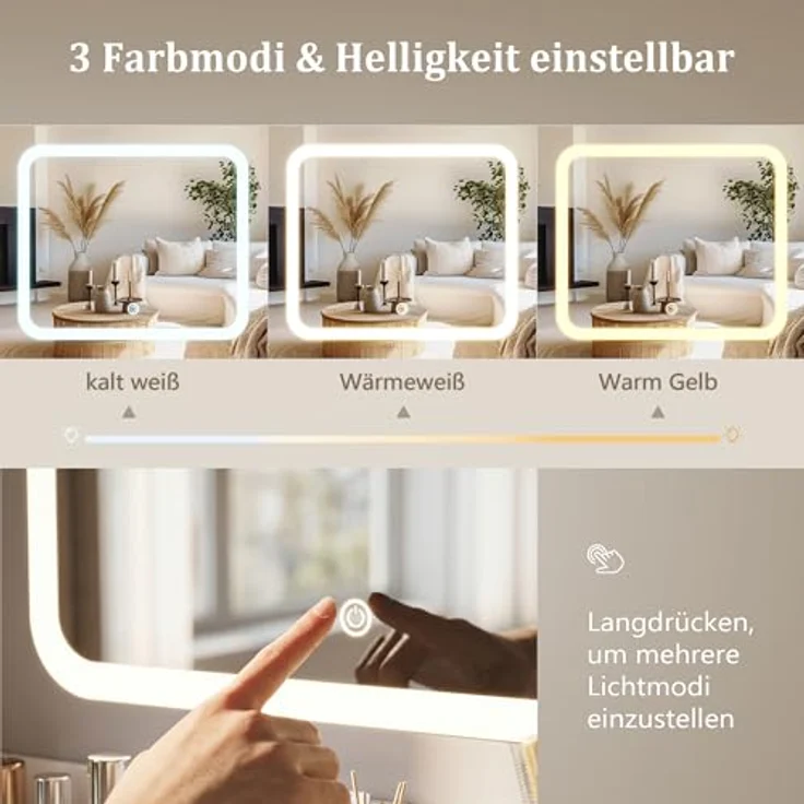 Jocoevol Schminktisch mit Spiegel und LED Beleuchtung,Steckdosenleiste,3 Farbtöne und Dimmbare Helligkeit, Kosmetiktisch mit 2 Schubladen und Aufbewahrungsschrank, Schminktisch für Schlafzimmer (Weiß) – Bild 3