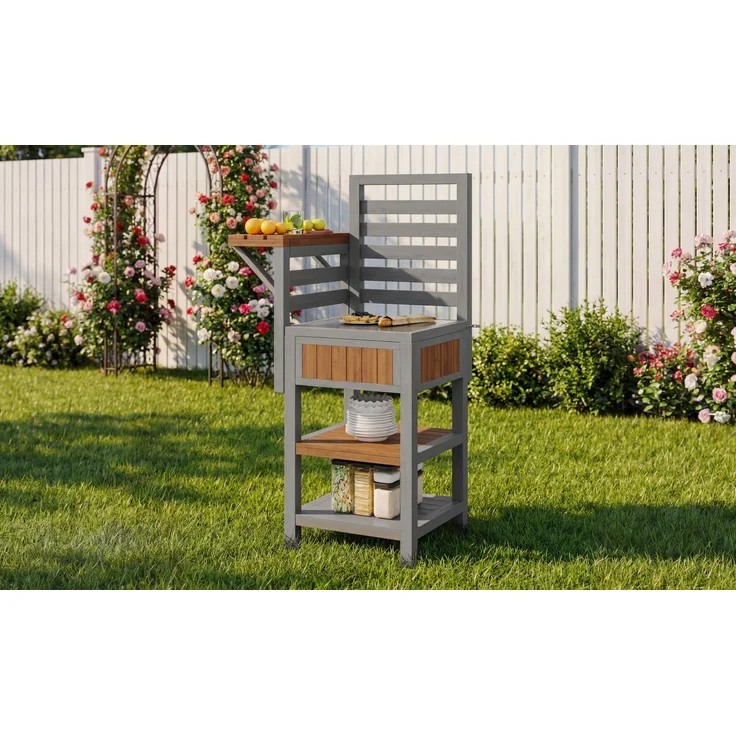 Merax Gartenschrank Holz Outdoor wetterfest – Geräteschrank mit großer Edelstahl-Arbeitsfläche & doppeltem Ablageboden, Grillstation mit zusätzlichem Stauraum, wetterbeständiger Küchenschrank – Bild 8