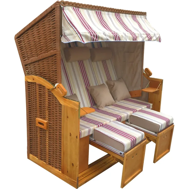 BRAST Strandkorb, Ostsee 3-Sitzer, XXL Volllieger inkl. Schutzhülle, Poly-Rattan, Rot/Beige gestreift, 165 x 160 x 79 cm