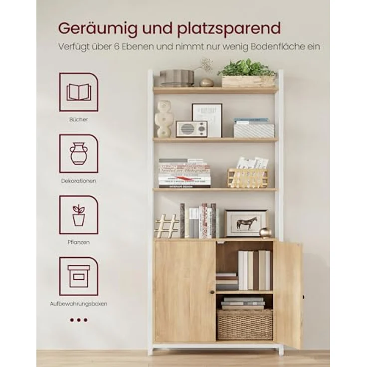 VASAGLE Bücherregal, 6 Ebenen, Regal, Standregal mit Türen, Metallrahmen, verstellbaren Ablagen, 24 x 60 x 159,5 cm, für Wohnzimmer, Schlafzimmer, goldeichenfarbe-mattweiß LLS133YA01 – Bild 5