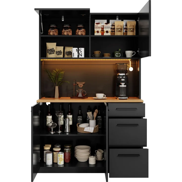 Buffetschränke, Esszimmer-Hochschrank 120×40×180 cm, mehrstufigem Stauraum, integrierter Steckdose sowie USB-C- und USB-A-Anschlüssen,Mit farbigem Lichtstreifen, Schwarz – Bild 11