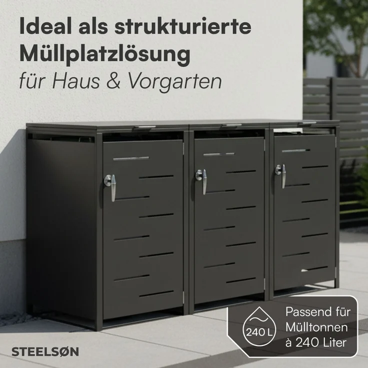 STEELSØN 'Diorus' Mülltonnenbox 3er je 240 Liter, graphitschwarz, Mülltonnenverkleidung aus Stahl mit Sichtstreifen, wetterfest, 116x80x203 cm, abschließbare Müllbox für 3 Tonnen – Bild 2