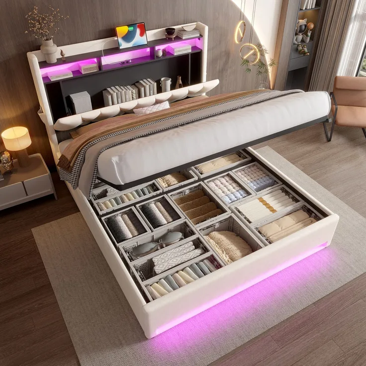Polsterbett, Samt mit LED & Stauraum-Kopfteil, 140x200 cm, Beige, ohne Matratze