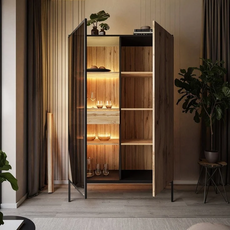 Lookway Hochschrank ECLIPSE WTSZ104 Vitrine mit Beleuchtung Eiche schwarz wotan 4 mm gehärtetes Glas – Bild 2