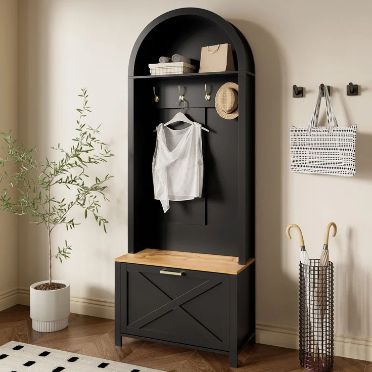 Multifunktionaler Garderobenschrank mit Schuhregal, Ablage & Haken – Hall Tree für Eingangsbereich, langlebiger MDF Korpus, modernes Design, stabile Eisenfüße, praktische Aufbewahrung – Bild 2