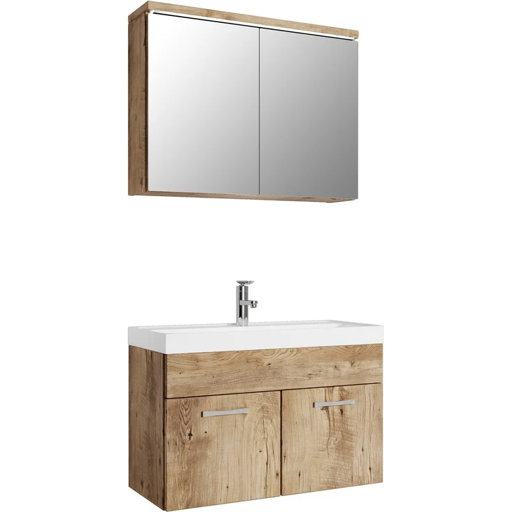 Badplaats Badmöbel Komplettset Paso 02 80 x 40 cm Kastanien Eiche - Badezimmermöbel mit Waschbecken und Spiegelschrank – Bild 1