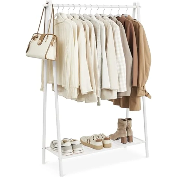 SONGMICS Kleiderständer, Garderobe, Garderobenständer, Kleiderablage, Stahlrahmen, mit Stange und Regal, 33,5 x 92,5 x 153 cm, für Schlafzimmer, Garderobe, Waschküche, Weiß HSR023W01 – Bild 2
