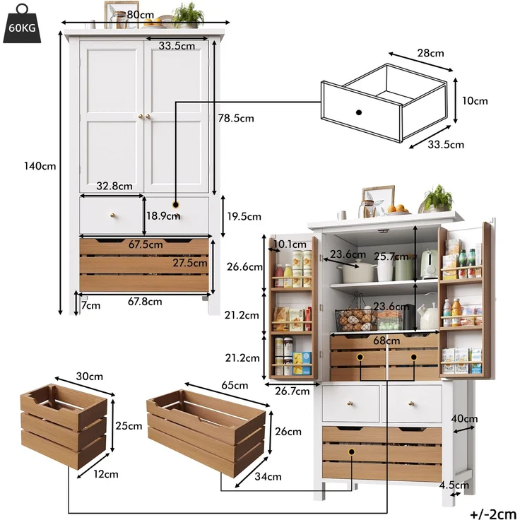 Küchenschrank (80x40x140cm), hohes Küchenbuffet, Mehrzweckbuffet, Snackschrank, Aufbewahrungsmöbel mit zwei Türen und fünf Schubladen, schwarz/weiß – Bild 4