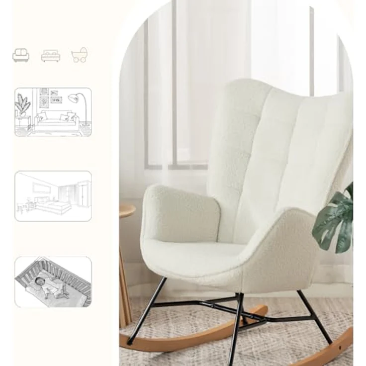 MEUBLE COSY Schaukelstuhl Sessel Schaukelsessel Stillstuhl Schwingstuhl mit Armlehnen Gepolsterter Sitzfläche für Wohnzimmer Schlafzimmer, Balkon, Sherpa und Holzkufen, Bis 120 kg Belastbar, Beige – Bild 7
