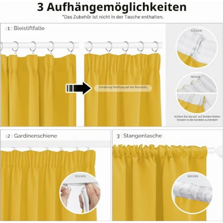 Deconovo Hitzeschutz Kräuselband Blickdicht Vorhänge Thermogardine Senfgelb | 2er Set, H 200 x B 140 cm, Deckenschiene Vorhang, Gardinen Wohnzimmer, Schlafzimmer Gardinen, Kinderzimmer Gardinen Mädchen – Bild 3