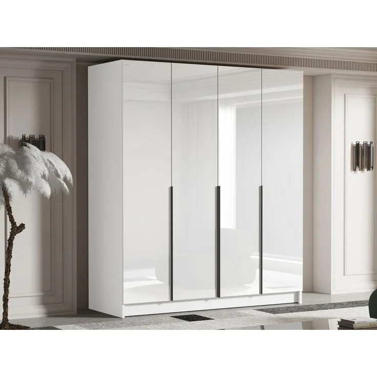 Drehtürenschrank Salkor I, Kleiderschrank mit 4 Türen (Farbe: Weiß / Weiß Hochglanz + Gold)