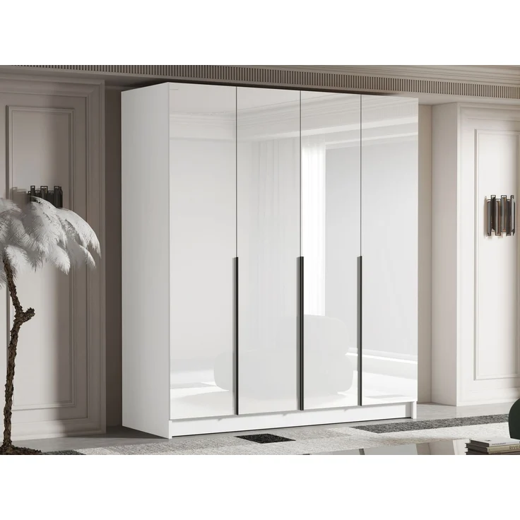 Drehtürenschrank Salkor I, Kleiderschrank mit 4 Türen (Farbe: Weiß / Weiß Hochglanz + Gold) – Bild 1