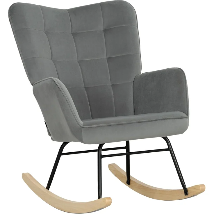 HOMCOM Schaukelstuhl, Schaukelsessel mit Samtoptik, Armlehne, Sessel mit Holzkufen, Relaxsessel für Wohnzimmer, Schlafzimmer, Dunkelgrau