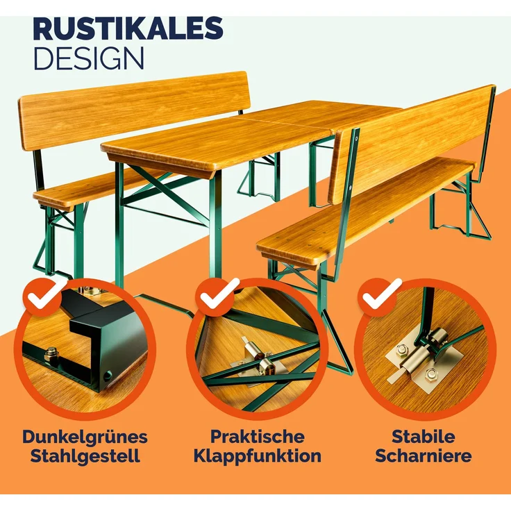 Casaria Bierzeltgarnitur mit Rückenlehne, 3-teilig, klappbar, Holz natur / Stahl grün, 170 x 70 x 75 cm – Bild 4
