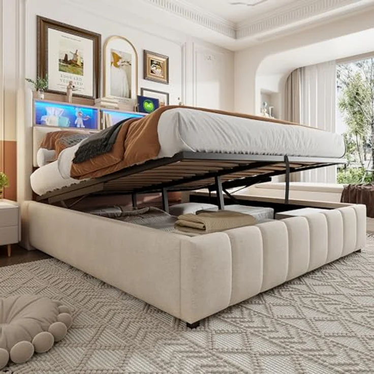 Ball & Cast Polsterbett (180x200 cm) mit USB-Anschluss und Lichtleiste, Hydraulische Lagerfunktion + Weicher Kantenschutz, Einfach & Zeitsparend Montierbar, Leinenstoff Beige – Bild 5