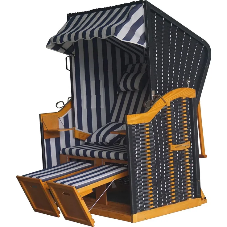 acamp Strandkorb Sylt gestreift mit Dach, Ablage und Fußhocker, Volllieger, Nordsee-Modell, Gartenstrandkorb, Gartenmöbel, Sitzkorb, klassisch, 110x81x160 cm