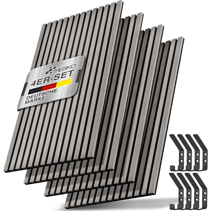 TRESKO® 4 Stück Akustikpaneele Holz 120×60 cm inkl. 8x Kleiderhaken | Wandverkleidung Eiche Eiche Grau als 3D Lamellenwand | Holzpaneele Paneele für Schallschutz | Akustik Wandpaneele mit Montageset