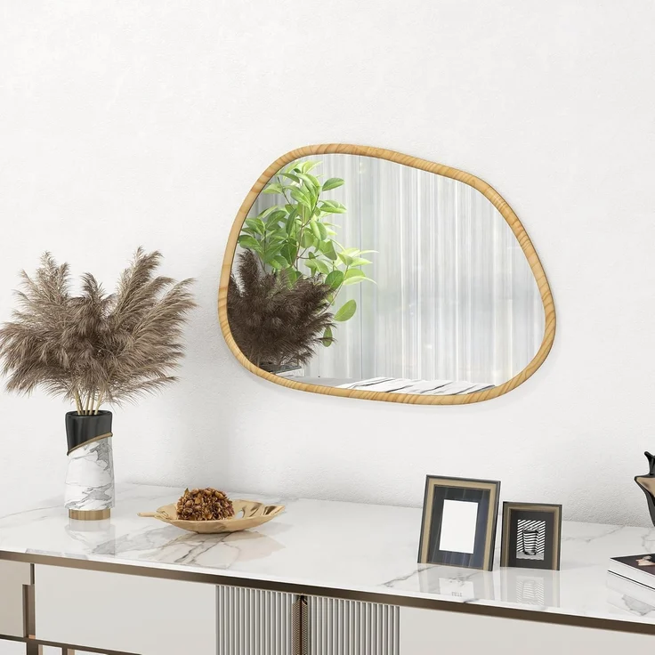 HOMCOM Wandspiegel Asymmetrisch, 70 x 50 cm Badezimmerspiegel mit Holzrahmen (Badezimmerspiegel, 1-St, Dekospiegel), für Bad, Wohnzimmer, Flur, Schlafzimmer, Natur – Bild 9